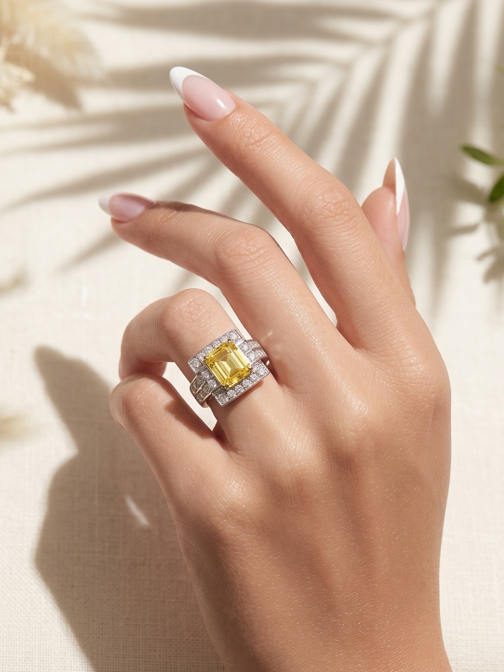 Camille Lucie Elegant Yellow Stone Halo Cocktail Ring - Women Jewelry